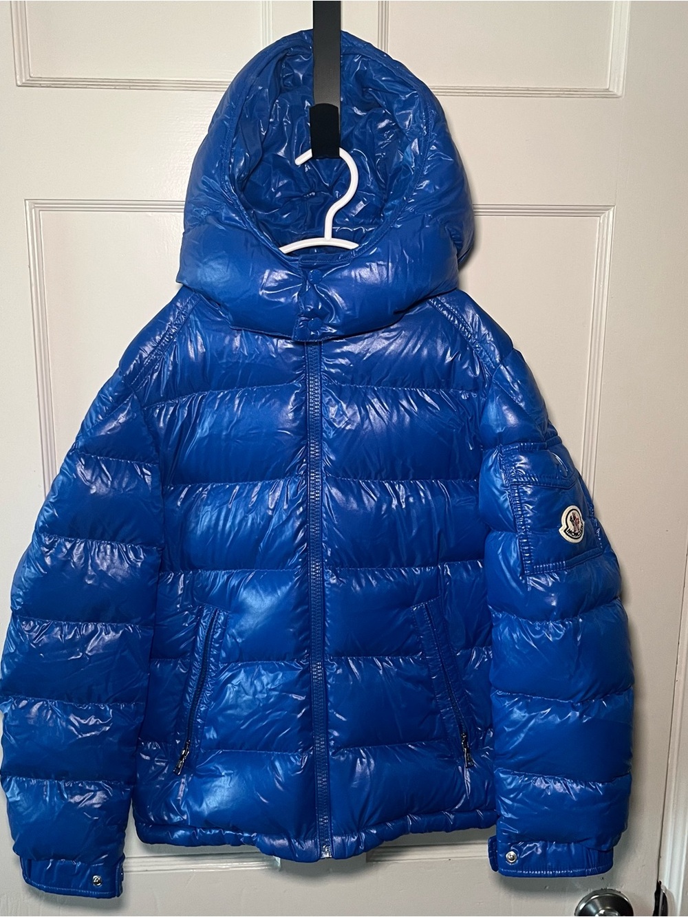 Moncler Maya Hooded Down Puffer Jacket Blue Boys 10A